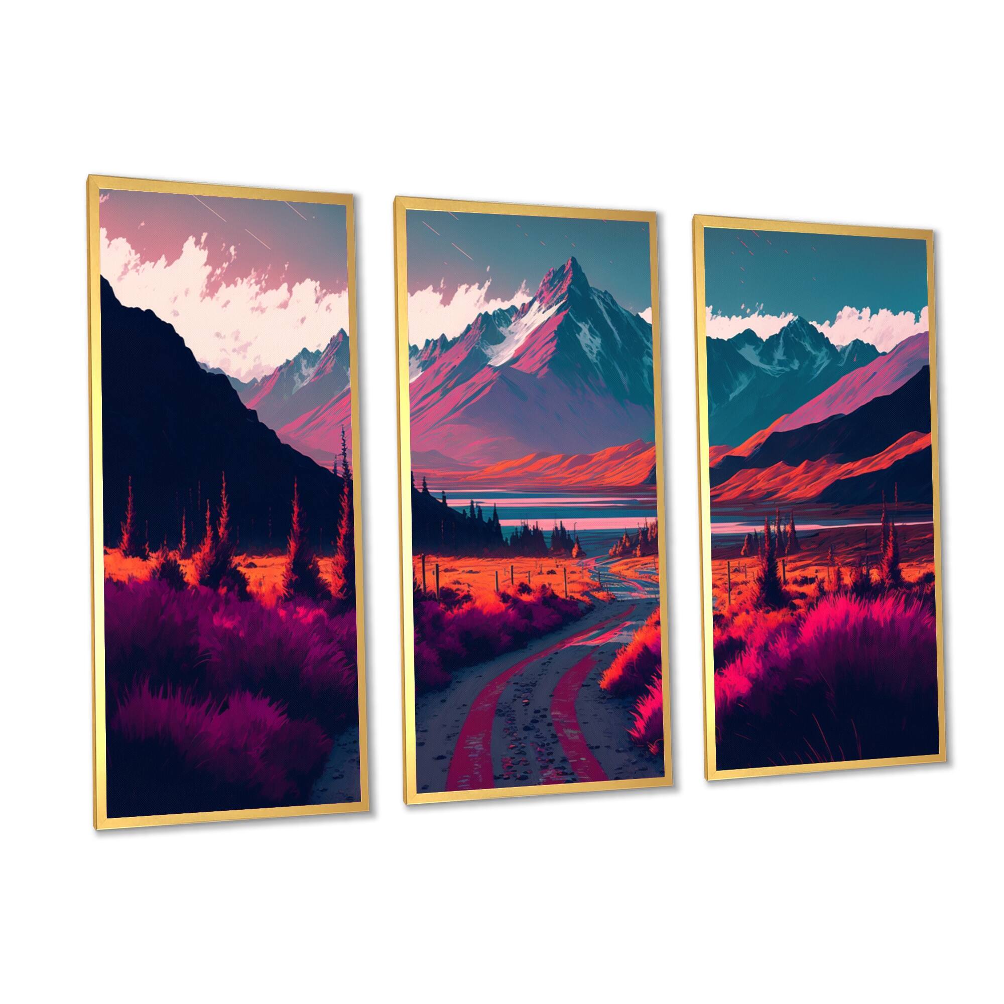 Designart "Magenta Autumn Morning Road I" Landscape Mountains Framed